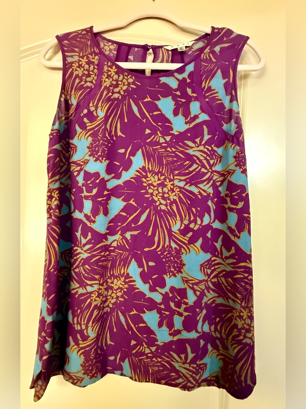 CAbi Purple,Turquoise & Gold Floral Sleeveless Blouse Hippie Bright Artsy 70s